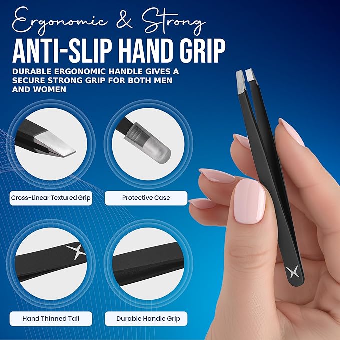 Professional Straight Stainless Steel Tweezers for Men & Women - Precision Eyebrow Facial Hair Removal with Strong Grip & Fine Point Tip (Matt Black)