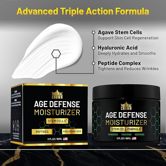 Men's Anti-Aging Moisturizer with Stem Cells - Anti-Wrinkle Skin Cream for Face - Plus Hyaluronic Acid and Peptides - Firming and Tightening Age Defense Cream, Made in USA - Day & Night - 2 oz