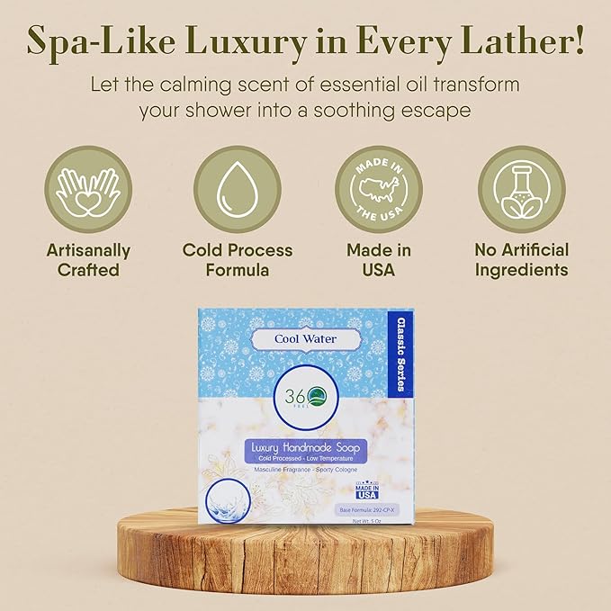 360Feel Cool Water Soap - Made in the USA - Castile Handmade All Natural Cold Processed - Infused with Cool Water Scent for Gentle Cleanse & Moisturizing Lather - Rich Foam (5 oz)