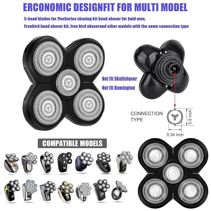 Fre*Bird 4PCS 5 Head Shaver Replacement Blades for Bald Men, Electric Head Hair Shaver (Black/4PCS)