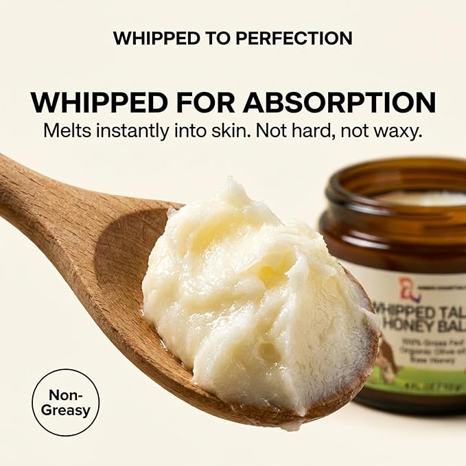 Beef Tallow & Honey Balm, All-Natural Moisturizer with Raw Honey & Olive Oil, Grass-Fed Tallow Cream for Face & Body, Deeply Nourishing Skin Care for Women & Men, Rich Moisture