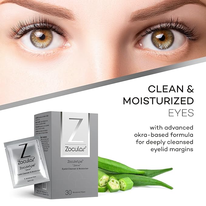 Zocular ZocuWipe Eyelid Cleansing Wipes with Natural Okra Complex – Gentle Daily Eyelid Cleanser & Moisturizing Pads – Makeup Remover & Eye Hygiene Wipes – 30 Count