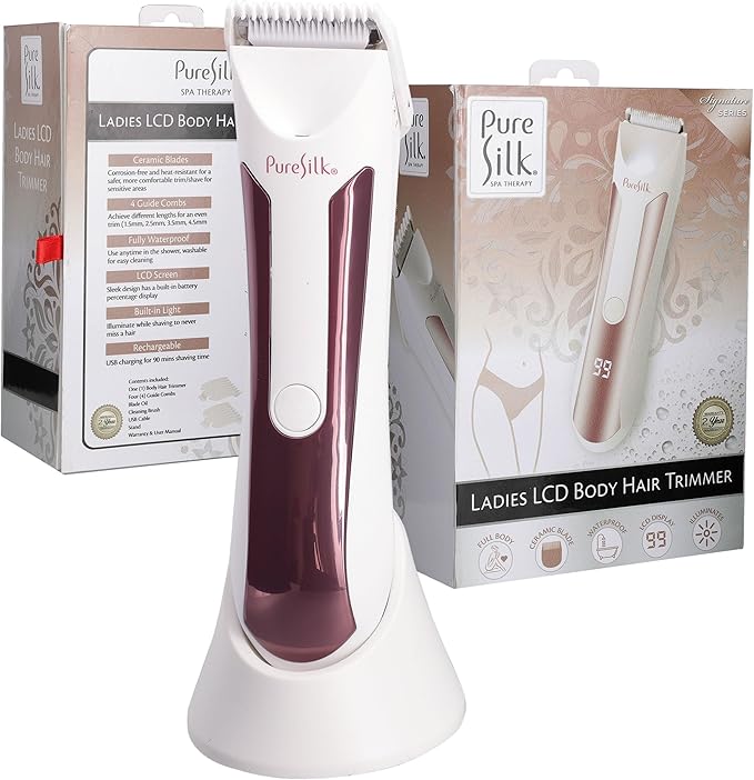 Pure Silk Body Hair Trimmer for Women, Rechargeable Women’s Trimmer for Body Hair with 4 Guide Combs, Hypoallergenic and Heat-Resistant Ceramic Blades, LCD Screen, Built in Light, Waterproof
