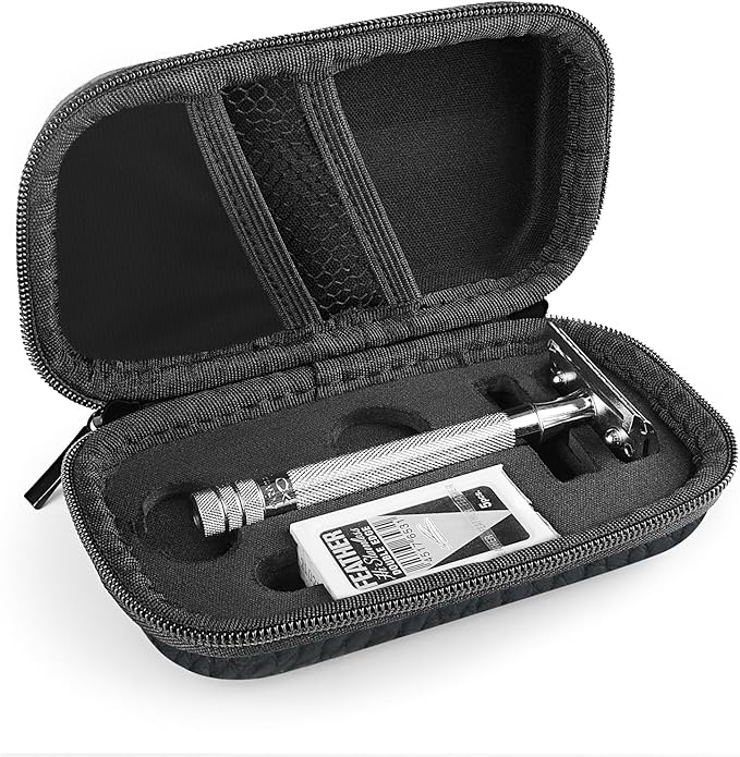 Linkidea Hard Travel Case Compatible with Vikings, Merkur, Shaving Revolution Double Edge Safety Razor, Storage Box Organizer for Safety Razor & Shaving Attachments (Lychee Vegan Leather), Black,