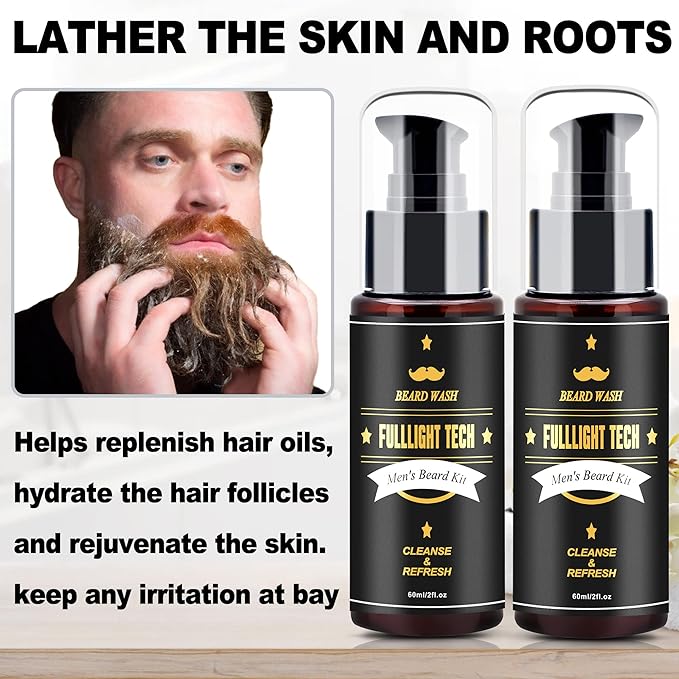 FULLLIGHT TECH Men's 2 Pack Beard Care Kit - Argan Oil & Jojoba Oils Shampoo, Rosemary Extract for Clean, Moisturizing and Nourishing Mustache & Beard Growth