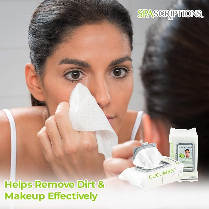 SpaScriptions Cucumber Cleansing Facial Wipes - Hydrating & Soothing Makeup Remover Wipes With Vitamin A, C & E For Moisturizing & Youtful Skin, Daily Use Face Wipes For All Skin Types, 1-Pack (60ct)