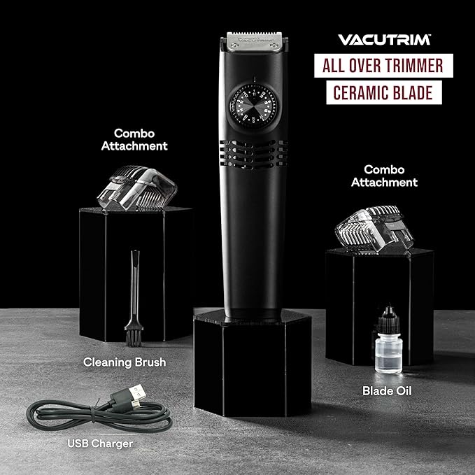 Bell+Howell Vacutrim Cordless Body Shaver for Men, Rechargeable Grooming Tool with 20 Trim Settings, Integrated Vacuum System - Black, 7.5", As Seen On TV