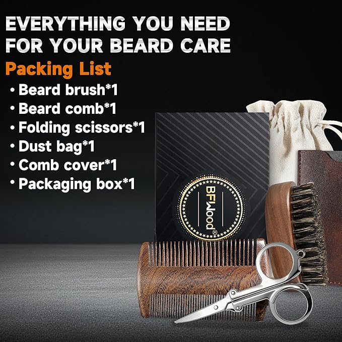 BFWood Mens Beard Brush Comb Kit: Small Travel Beard Set - Natural Boar Bristles With Black Walnut Wood, Grooming Sandalwood Mustache Comb, Mustache Trimming Sissors With Storage Bag