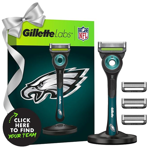 Gillette Labs Special NFL Eagles Edition Shaving Razor for Men - 1 Handle, 4 Razor Blade Refills & Magnetic Stand, Holiday Gifts for Men, GilletteLabs with Exfoliating Bar