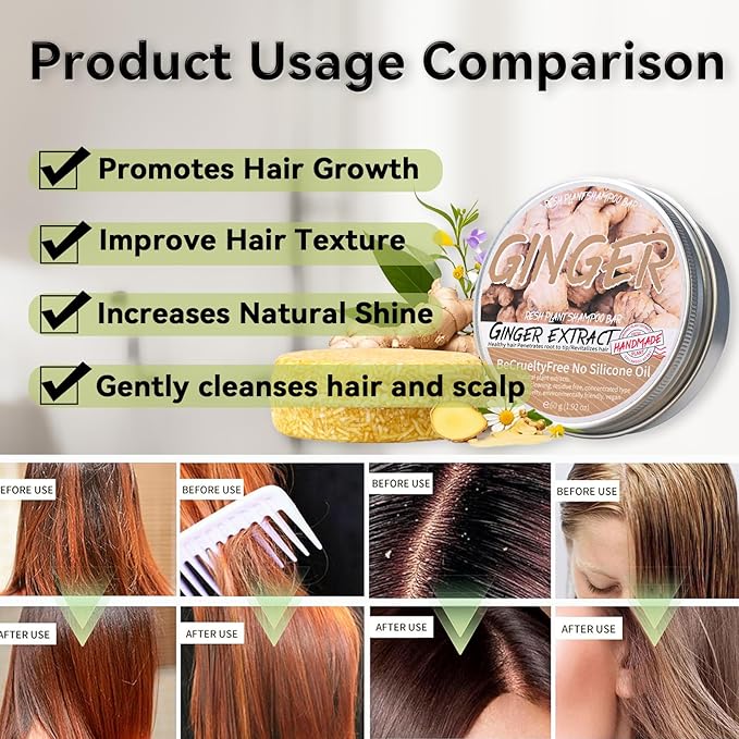2PCS Ginger Shampoo Bar for Gray Hair, Natural Organics Shampoo and Conditioner Bar for Thinning Hair for Men & Women (Ginger)