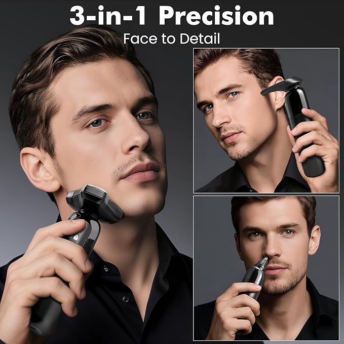 Electric Razor for Men Flynth 3-in-1 Cordless Shaver 3-Blade Rotary Shavers Wet/Dry for Beard Nose & Face, IPX7 Waterproof Fast Charge Travel Trimmer Grooming Set