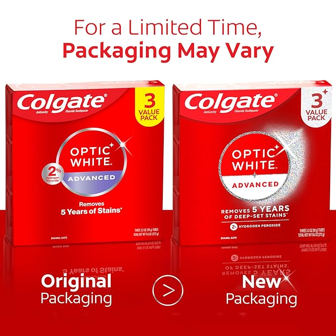 Colgate Optic White Advanced Hydrogen Peroxide Toothpaste Pack, Teeth Whitening Toothpaste, Enamel-Safe Hydrogen Peroxide Formula, Helps Remove Tea, Coffee, and Wine Stains, Icy Fresh, 3 Pack, 3.2 oz