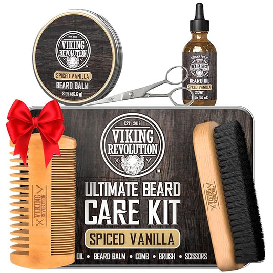 Viking Revolution - Ultimate Beard Kit Spiced Vanilla - Beard Grooming Kit for Men with Beard Brush, Beard Comb, Beard Balm, Beard Oil, Beard and Moustache Scissors - Husband Gifts for Men