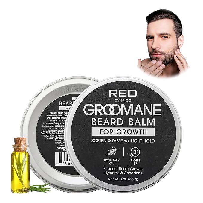 Red by Kiss Groomane Beard Balm Sandalwood, 3oz, Soften & Tame, Light Hold, Promotes Full, Healthy Look Beard Strengthen Facial Hair, Reduce Breakage