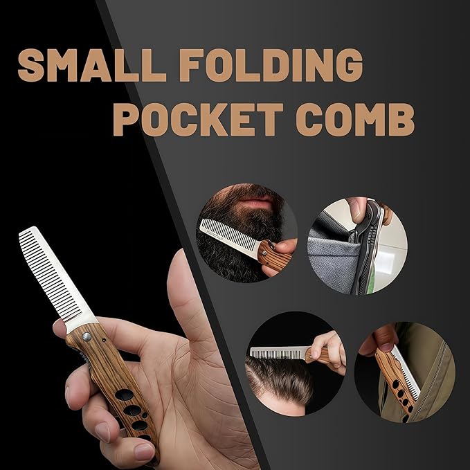 1PC Small Folding Pocket Beard & Mustache & Hair Styling Comb for Men - Metal Tactical Grooming Tool with Wooden Handle, with 180° Rotatable for Outdoor Travel & Home Use - Length 6.57inch