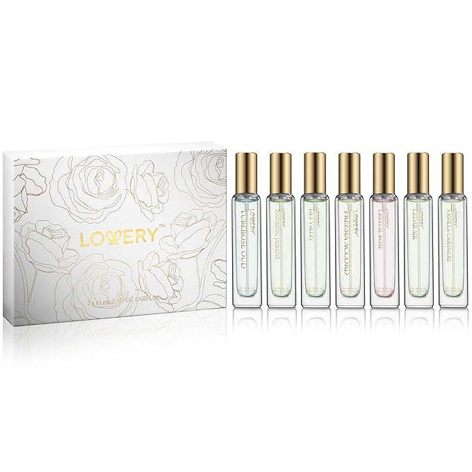 LOVERY Assorted Sampler Perfumes, 7 x 15ml Eau de Parfum Set, Clean Fragrances for Women & Men, Travel Size, Vegan & Cruelty Free