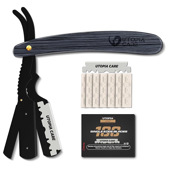 Utopia Care Straight Razors For Men, Professional Barber Straight Edge Razor with 100 Single Edge Blades, Stainless Steel, Beard Shaving Kit For Men, Premium Smooth Natural Wooden Grip, Black
