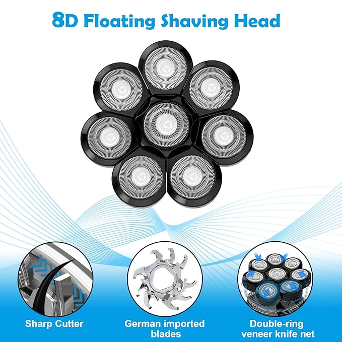Sjpzwcrl Electric Shaver Replacement Heads 8D - 8 Blades Black Universal Stainless Steel Rotary Blade Refills for Bald Head Razor for Men
