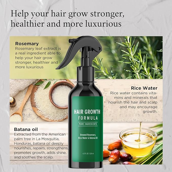 Rosemary Water Spray for Hair Growth, Rosemary Hair Growth Scalp Spray With Rice Water & Batana Oil, Biotin, Citrus Peel and Mint to Strengthen Strands and Promote Hair, 4.2 fl oz