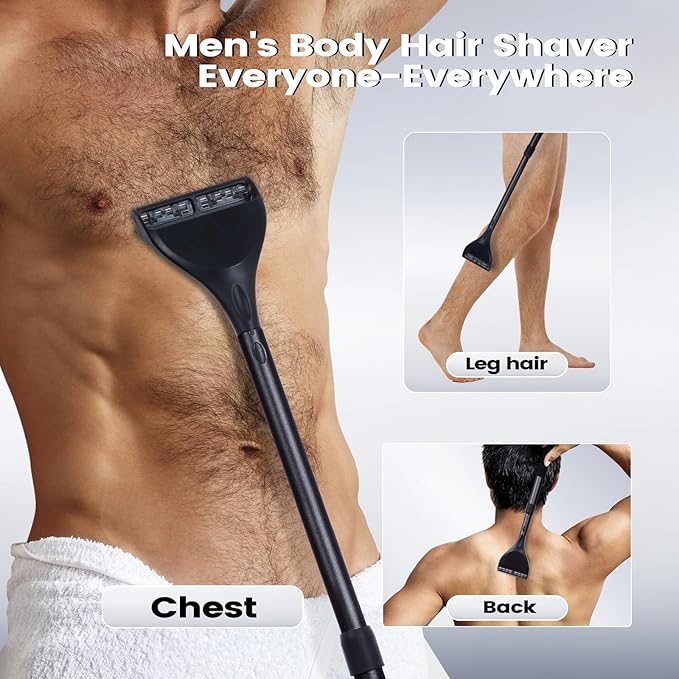 Back Shaver for Men - Retractable Long Handle Back Hair and Body Shavers,Replaceable Multi-Layer Double Blades（8PCS）, Ergonomic DIY Wet or Dry Shaving Solution - Black