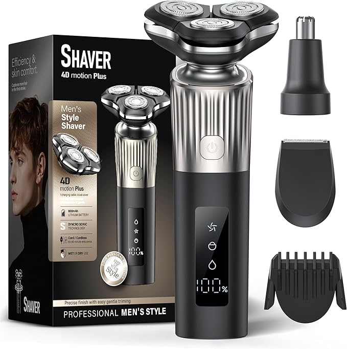 Electric Razor for Men 8011 Series, 4D Floating Rotary Head, IPX7 Waterproof Wet & Dry Use, USB-C Fast Charge, 90Min Runtime, Hypoallergenic Blades, Portable Travel Grooming Kit