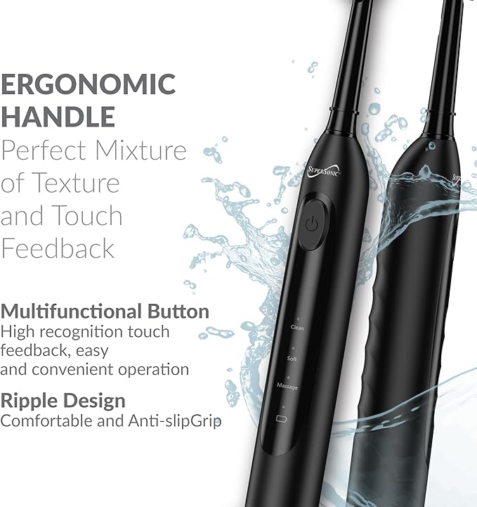 Supersonic TB-1000 Sonic Zoom+ Advanced Rotating Electric Toothbrush | 8,800 OPM | Wireless Charging | 3 Cleaning Modes | 6 Brush Heads | Auto Timer | Travel Case | Black