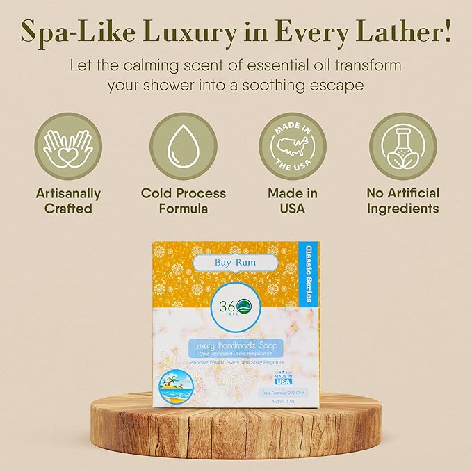 360Feel Bay Rum Bar Soap - Made in the USA - Castile Handmade, All-Natural, Cold-Processed - Bay Rum Essential Oil - Moisturizing with a Spicy Scent - Calm - Rich, Creamy Lather - (5oz)