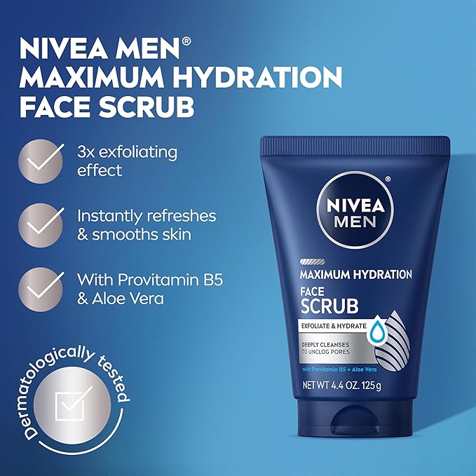 NIVEA MEN Maximum Hydration Deep Cleaning Face Scrub With Aloe Vera, 3 Pack of 4.4 Oz Tubes