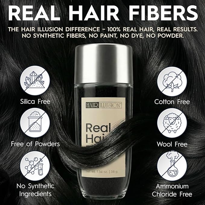 Hair Illusion Black Real Hair Fibers for Thinning Hair - 100% Natural Texture, Non Synthetic Hair Fibers - Bald Spot Cover Up for Women & Men - 38 Gram