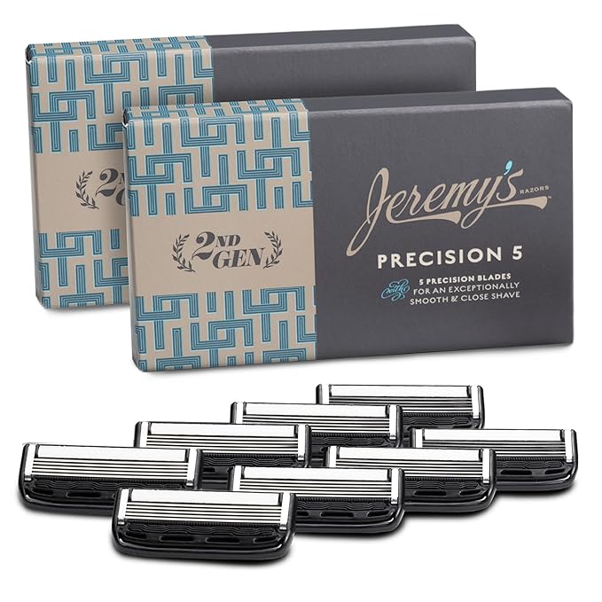 Jeremy's Razors for Men - Precision 5 Razor Blade Refills - 8 Cartridges (Fits All 2nd Gen Jeremy's Handles) - Precision Trimmer, Stainless Steel Design, Lubricating Strip - Men's Shaving Blades