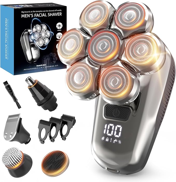 Head Shaver for Bald Men, 7D Floating Bald Head Shaver 5-in-1 Grooming Kit, Wet/Dry Electric Razor with LED Display, Turbo Speed, Magnetic Detachable Blades, IPX6 Waterproof, Type-C Rechargeable