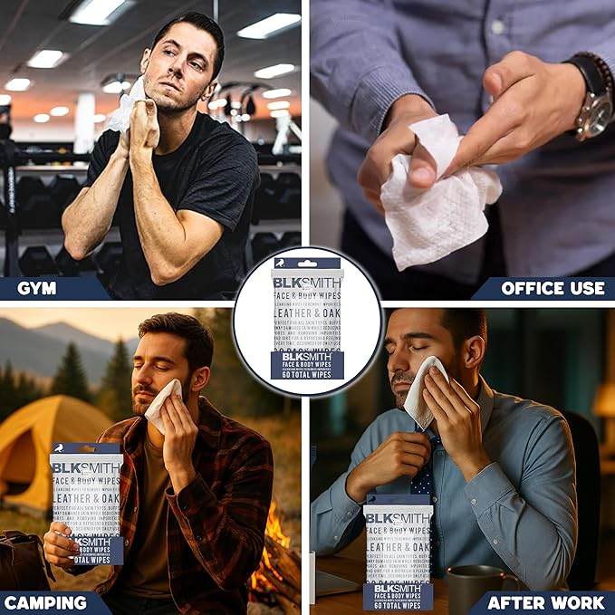 BLKSMITH Face & Body Wipes for Men - Travel Face & Body Wipes - Total 60 - Leather & Oak & Cedar Bourbon, Cool Gifts for Men 30x2 Wipe - Ideal for Gym, Office, or Outdoors, 2 Pack