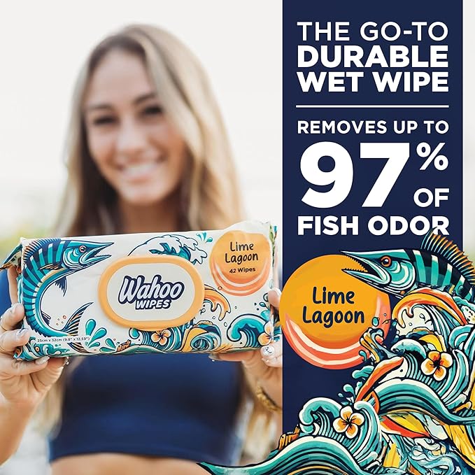 Wahoo Wipes – Durable Odor-Neutralizing Wet Wipes for Fishing, Hunting, Field Dressing, Boating, and Outdoor Gear Cleaning, 42 Count, 1 Pack, by Dirty Ducks LLC.
