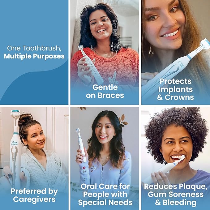 Triple Bristle GO | Portable Battery Sonic Travel Toothbrush | Three Cleaning Modes | Soft Nylon Bristles | Also for Autistic Special Needs Adults and Kids | Oral Care Kit