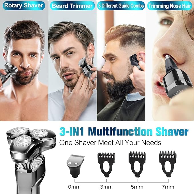 Men's Electric Razor, Upgraded 4D Floating Magnetic Blade Head Rotary Shaver, 3-in-1 Multifunctional for Beard/Nose/Sideburns, IPX7 Waterproof Rechargeable Cordless Shaver, Turbo Speed, Gift for Men