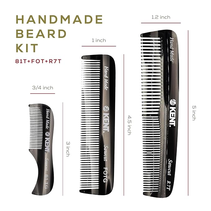 Kent Set Men's Hair Pocket Combs, Graphite 81T X-Small, FOT All Fine Tooth, R7t Double Toothed Fine and Coarse. Best Hair, Beard and Mustache Grooming Kit for Travel and Home Care, Handmade in England
