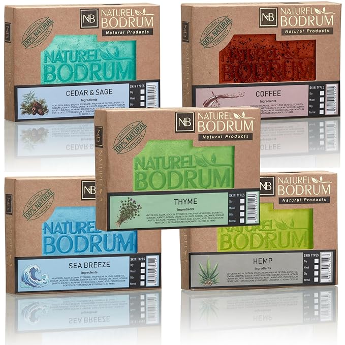 Men's Organic Exfoliating Pack of 5 Glycerin Soap Bars Set - Cedar Sage, Coffee, Thyme, Sea Breeze & Hemp with Retinol + Vitamin C for Skin Renewal, Beard Prep & Post-Workout Refreshment