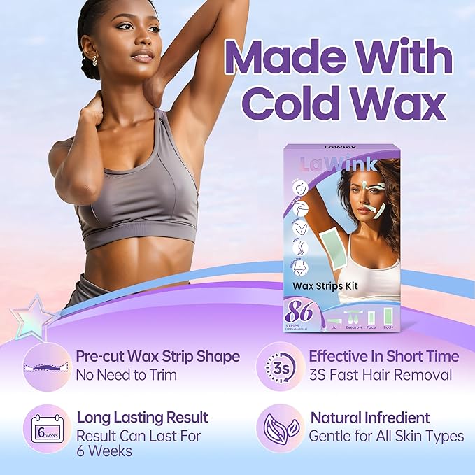Facial Wax Strips 86Pcs for Hair Removal Body Wax Strips 6 Sizes and 6 Oil Wipes Bikini Waxing Strips Mouth waxing Eyebrow Face Arms Legs Underarm Back Waxing Kit for Women and Men