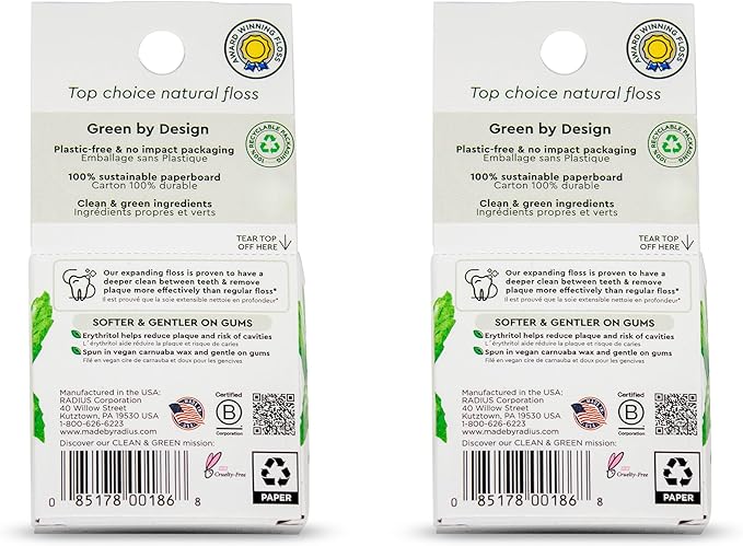 Radius Peppermint Dental Floss 55 Yards Vegan and Non-Toxic Oral Care Boost Total Tooth & Gum Protection Clear - Pack of 2