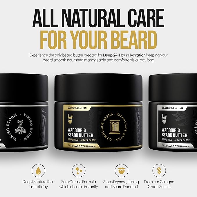 The Beard Struggle Warrior’s Beard Butter Valhalla's Gates - Gold Collection - Non-Greasy Low-Hold Formula, Luxurious Cologne-Grade Fragrances 100% Natural - 50g / 1.76 US. oz. Warrior-Glass Jar