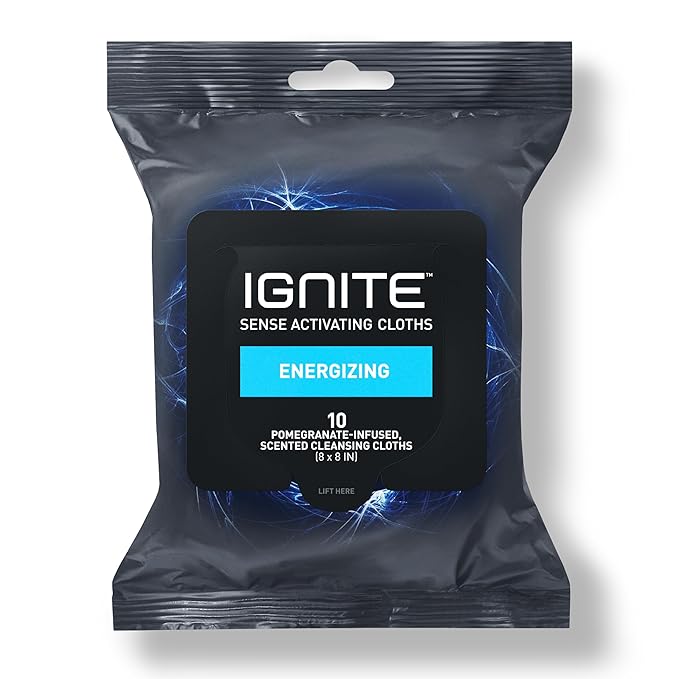 Ignite Mens Body Wet Wipes, Extra Thick 8" x 8" Shower Wipes, Energizing Scent, 10 count