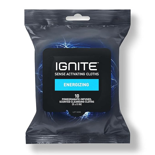 Ignite Mens Body Wet Wipes, Extra Thick 8" x 8" Shower Wipes, Energizing Scent, 10 count