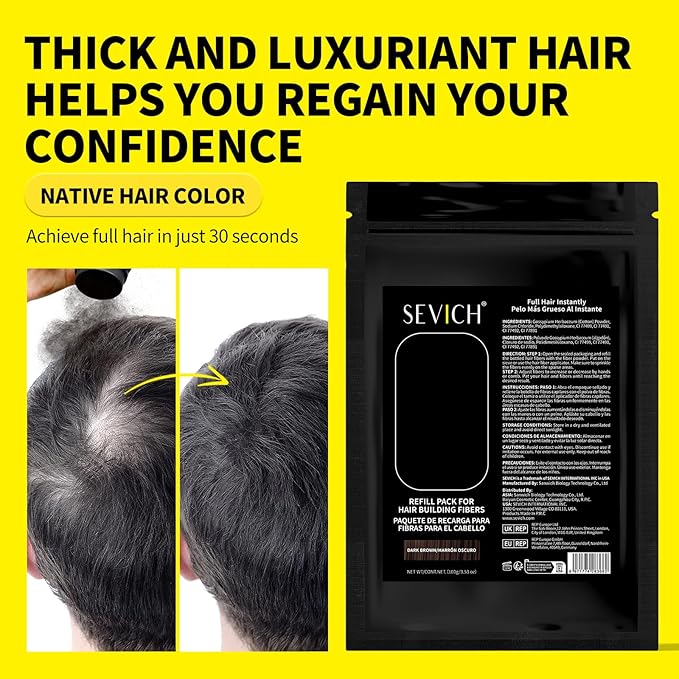 SEVICH Hair Building Fibers 100g - Instant Hair Thickening Powder for Thinning Hair, Natural Keratin Fibers for Men & Women, 5-Second Coverage, Unscented, Auburn