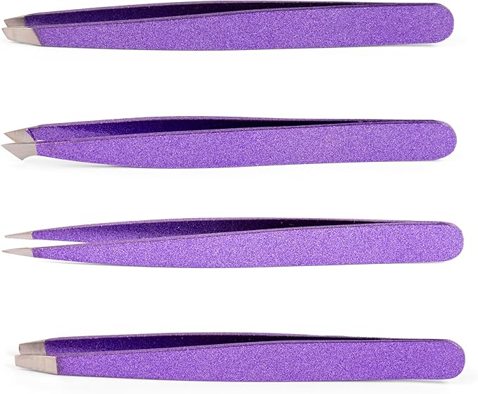 Katsumi Pinnacle 4-Piece Tweezers Set – Precision Stainless Steel Tweezers for Eyebrows, Facial Hair, Ingrown Hair, Splinters – Professional Beauty Kit Purple Glitter