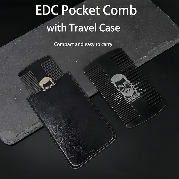 Metal Beard & Mustache Comb for Men - Anti-Static Dual Action - Credit Card Size Stainless Steel EDC Comb, Lice Wallet Pocket, Fine Cutting Teasing Barber Hair Styling - Black