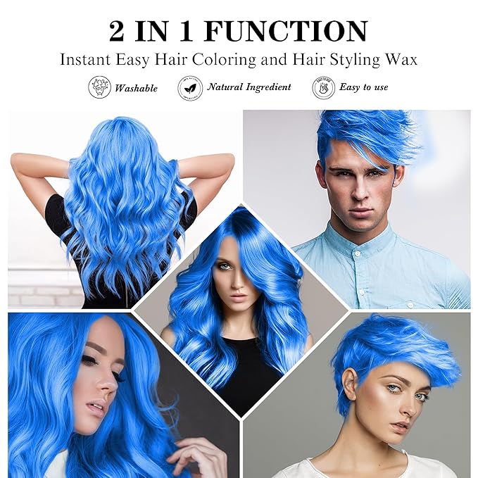 Temporary Blue Hair Color Wax with Dye Brush, Instant Natural Hairstyle Cream 4.23 oz, Disposable Coloring Mud for Men Women Youth, Washable Styling Pomades, Party Cosplay DIY Halloween
