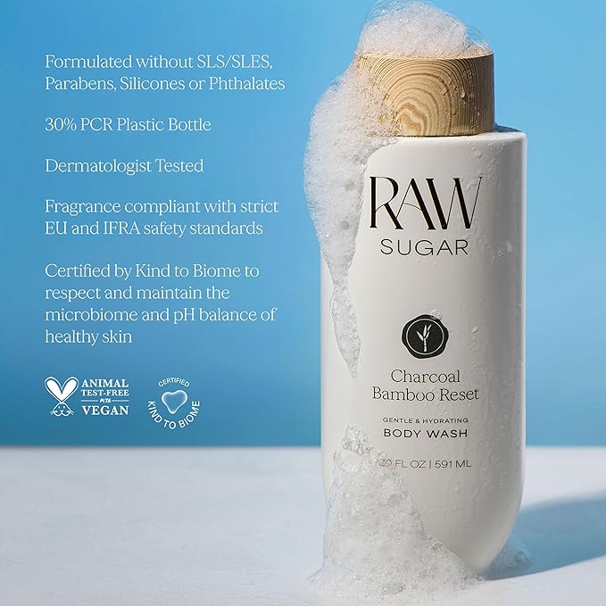 RAW SUGAR Charcoal Bamboo Reset Gentle & Hydrating Body Wash, 20 Fl Oz (Pack of 1), Moisturizing & Refreshing Bath & Shower Gel, Vegan, Formulated without SLS/SLES & Parabens