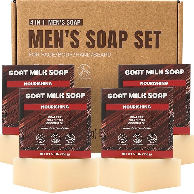 Rinse & Robust 4 Pack Men’s Bar Soap Gift Set, Goat Milk Soap Bar Gift Box, Nourishing Natural Bar Soap Set for Men, No Harsh Chemicals, Includes A Lathering Net, Sandalwood Scented| 5.3 oz of 4 Bars