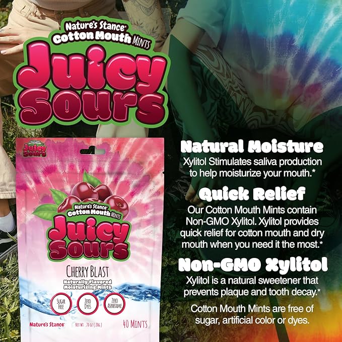 Nature’s Stance Cotton Mouth Juicy Sours Xylitol Mints for Dry Mouth Relief - Sugar Free Mints, Stimulate Saliva & Freshen Breath, Throat, Teeth, Gums - Xylitol Lozenges, 40 Count (Cherry Blast)