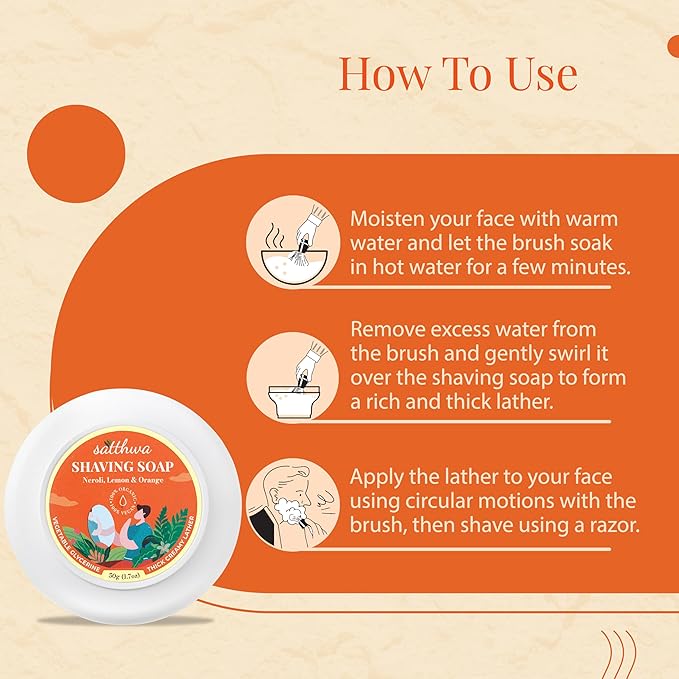 Satthwa Organic Shaving Soap Puck infused with Neroli, Lemon & Orange | Create the Perfect Lather | Excellent for Silky Smooth Shaves | Hydrates and Shields, 50g (1.7oz)